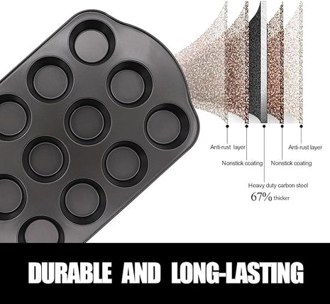 12+24 Muffin Pan Set (2 Pack) - Nonstick Cupcake Tins Dark Gray | Heavy Duty Carbon Steel, Rustproof, Oven Safe Baking Gift