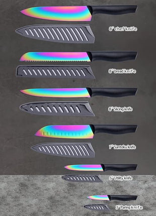 Marco Almond Kitchen Knife Set, KYA36 12-Piece Rainbow Color Stainless Steel Chef Boxed Knives Set for Kitchen with Covers, 6 Knives with 6 Blade Guards, Black