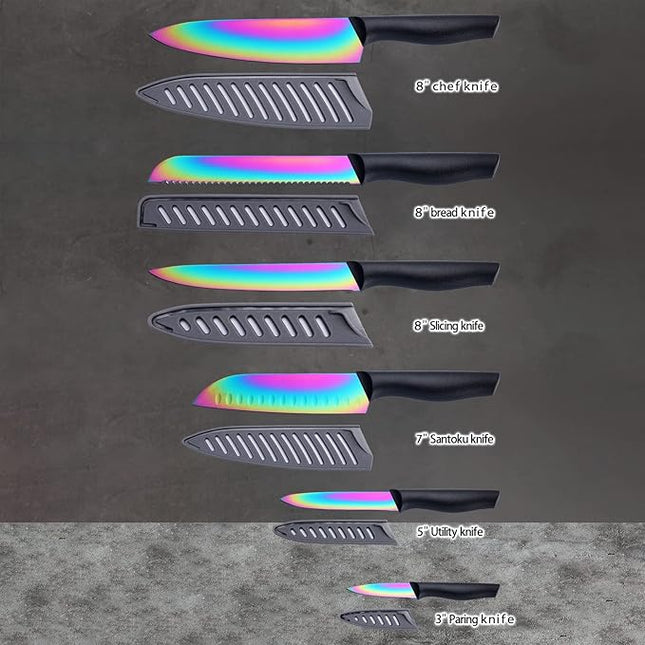Marco Almond Kitchen Knife Set, KYA36 12-Piece Rainbow Color Stainless Steel Chef Boxed Knives Set for Kitchen with Covers, 6 Knives with 6 Blade Guards, Black