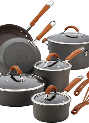 Rachael Ray Cucina Dishwasher Safe Hard Anodized Nonstick Cookware Pots and Pans Set, 12 Piece, Gray with Orange Handles
