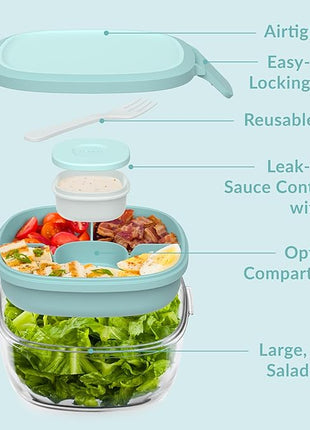Bentgo Glass All-in-One Salad Container - Large 61-oz Salad Bowl with Lid, 4-Compartment Bento-Style Tray, 3-oz Sauce Container & Reusable Fork - Dishwasher, Microwave, Oven Safe (Coastal Seaglass)