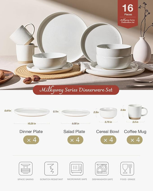 Famiware Milkyway Stoneware Dinnerware Sets with Mugs, Service for 4 (16pcs), Plates and Bowls Sets, Scratch Resistant, Microwave and Dishwasher Safe Dishes Set, White