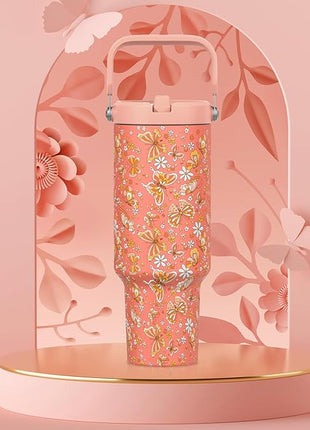 40 oz Tumbler with Handle and Straw, Vacuum Insulated Tumblers with Flip Straw and Top Handle, Reusable Insulated Cup for Home, Outdoors, Leakproof, Fits in Cup Holder, Cold for 30 Hours