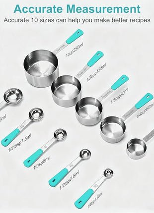 Measuring Cups and Spoons Set Stainless Steel 10 Piece for Cooking and Baking (5 Cups + 5 Spoons, Aqua Sky Handle)