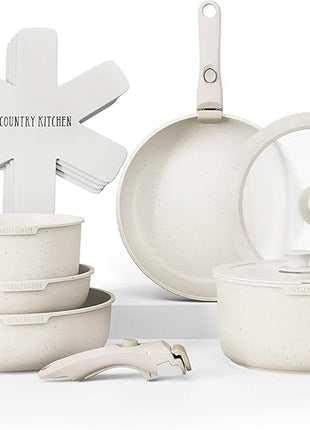 Country Kitchen Cookware Set with Removable Handle, Oven & RV Safe Pots and Pans Set, Cream, Original