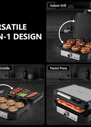 MONXOOK Panini Press Sandwich Maker, 4 Slices Panini Grill Non-Stick Coated Plates, Panini Makers with Temperature Control, Opens 180 Degrees, Removable Drip Tray, 1400W, Stainless Steel
