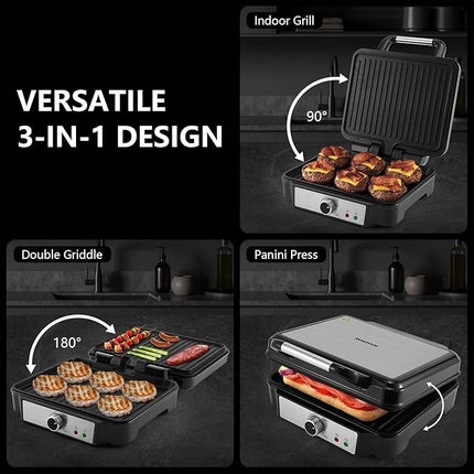 MONXOOK Panini Press Sandwich Maker, 4 Slices Panini Grill Non-Stick Coated Plates, Panini Makers with Temperature Control, Opens 180 Degrees, Removable Drip Tray, 1400W, Stainless Steel