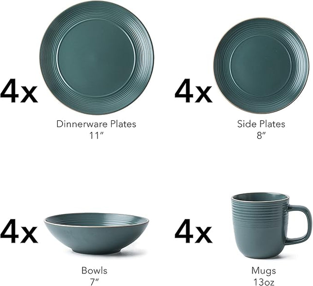 RINGAR Round Stoneware 16pc Dinnerware Set of 4, Dinner Plates, Side Plates, Cereal Bowls, Mugs - Speckle Matte Green (434540)