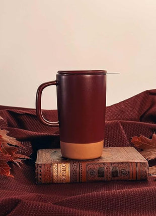 Mora Ceramics Large Tea Mug with Loose Leaf Infuser and Ceramic Lid, 18 oz, Portable, Microwave and Dishwasher Safe, Tall Coffee Cup - Rustic Matte Ceramic Glaze, Modern Herbal Tea Strainer, Merlot
