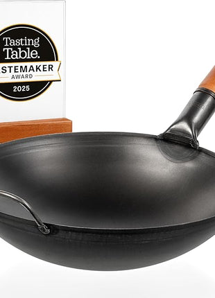 YOSUKATA 14" Carbon Steel Wok with Round Bottom – Pre-Seasoned Pow Wok for Stir Fry – Traditional Chinese Japanese Black Steel Pan – Outdoor Cookware for Gas Stovetops, Open Fire, BBQ, Camping