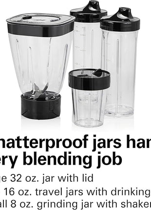 Hamilton Beach MultiBlend Smoothie Blender with 4 Shatterproof BPA Free Jars and Lids; Large 32oz Jar, 8oz Grinder for Nuts & Spices, and 2 Portable Travel Cups, 650 Watts, Black and Stainless (52400)