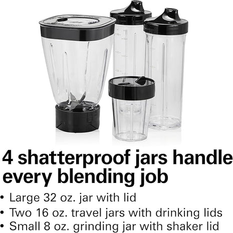 Hamilton Beach MultiBlend Smoothie Blender with 4 Shatterproof BPA Free Jars and Lids; Large 32oz Jar, 8oz Grinder for Nuts & Spices, and 2 Portable Travel Cups, 650 Watts, Black and Stainless (52400)