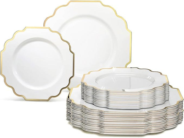 " OCCASIONS " 80 Plates Pack,(40 Guests) Heavyweight Wedding Party Disposable Plastic Plates Set -40 x 10.5'' Dinner + 40 x 8'' Salad/Dessert Plate (Imperial White & Gold)