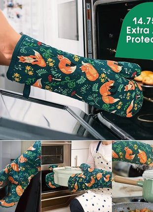 Oven Mitts Cotton Fashion Cute Fox Design 1 pair Heat Resistant Oven Gloves Safe Cooking Baking Grilling Barbecue Machine Washable (fox, oven mitts)