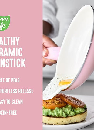 GreenLife 16 Piece Nonstick Cookware Set, Soft Grip Non-Toxic PFAS-Free Ceramic Pots & Pans, Dishwasher & Oven Safe, Frying, Sauce, Saute, Utensils, Glass Lids, Stay-Cool Handles, Wobble Free, Pink
