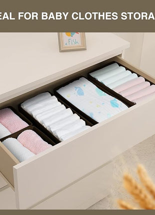 DIMJ Drawer Organizer Clothes, Underwear Drawer Organizer, Set of 4 Foldable Closet Drawer Bins, Fabric Drawer Dividers for Baby Clothes, Socks, Belt, Tie (Brown)