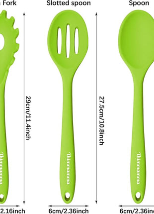 Silicone Cooking Spoons, Heat Resistant Large Silicone Pasta Slotted Spoon Solid Basting Spoon set for Nonstick Cookware, BPA Free Black Kitchen Silicone Spoons set for Mixing, Serving, Draining Green