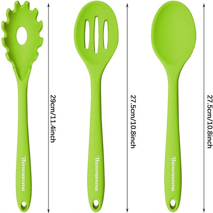 Silicone Cooking Spoons, Heat Resistant Large Silicone Pasta Slotted Spoon Solid Basting Spoon set for Nonstick Cookware, BPA Free Black Kitchen Silicone Spoons set for Mixing, Serving, Draining Green