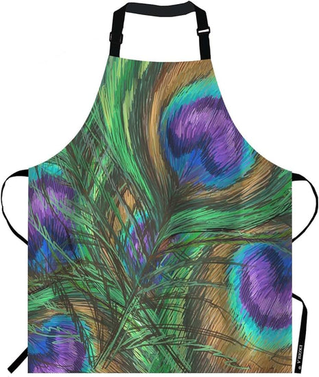 EKOBLA Peacock Feathers Aprons Animal Beautiful Colorful Digital Paint Shiny Green Purple Waterproof Resistant Chef Cooking Kitchen BBQ Adjustable Aprons for Women Men 27x31 Inch