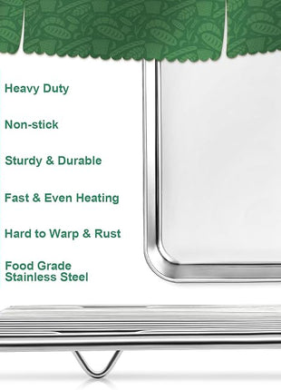 Stainless Steel Baking Sheets with Rack, HKJ Chef Cookie Sheets and Nonstick Cooling Rack & Baking Pans for Oven & Toaster Oven Tray Pans, Rectangle Size 12.5L x 10W x 1H inch & Non Toxic & Healthy