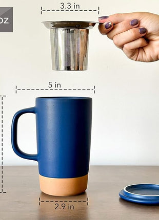 Mora Ceramics Large Tea Mug with Loose Leaf Infuser and Ceramic Lid, 18 oz, Portable, Microwave and Dishwasher Safe, Tall Coffee Cup - Rustic Matte Ceramic Glaze, Modern Herbal Tea Strainer, Deep Blue