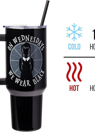 Silver Buffalo The Addams Family Wednesday On Wednesdays We Wear Black Stainless Steel Tumbler with Handle and Straw, Fits in Standard Cup Holder, 40 Ounces