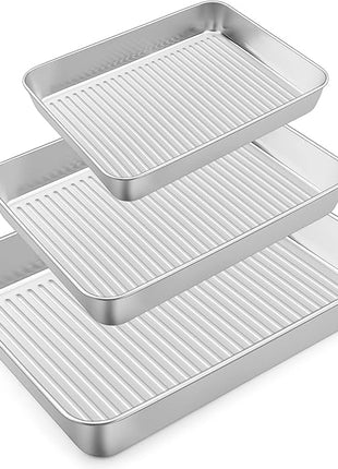 Baking Pans Set of 3, E-far Stainless Steel Sheet Cake Pan for Oven - 12.5/10.5/9.4Inch, Rectangle Textured Pan Tray Set for Lasagna Brownie Casserole Cookie, Non-toxic & Healthy, Dishwasher Safe