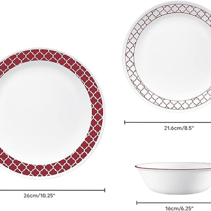Corelle Dinnerware Set (12pc Set, Crimson Trellis)-Dinner Set for 4 4 x: Dinner Plates, Side Plates & Bowls 3 X More Durable, Half The Space & Weight of Ceramic up to 80% Recycled Glass, 1147166