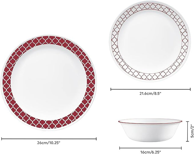 Corelle Dinnerware Set (12pc Set, Crimson Trellis)-Dinner Set for 4 4 x: Dinner Plates, Side Plates & Bowls 3 X More Durable, Half The Space & Weight of Ceramic up to 80% Recycled Glass, 1147166