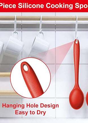 E-far Silicone Cooking Spoon Set of 2, Heat Resistant Kitchen Spoons Utensils Nonstick Mixing Spoon for Baking Stirring Serving, Non-Toxic & Dishwasher Safe (Red)