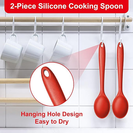 E-far Silicone Cooking Spoon Set of 2, Heat Resistant Kitchen Spoons Utensils Nonstick Mixing Spoon for Baking Stirring Serving, Non-Toxic & Dishwasher Safe (Red)