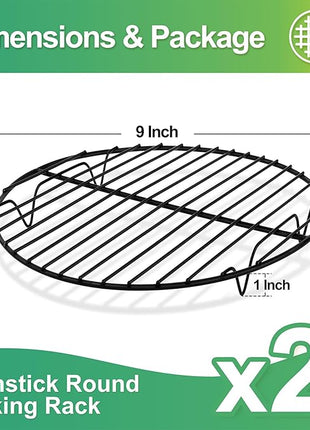 P&P CHEF Round Cooling Rack Set, Round Wire Racks for Cooking Baking, Fit Air Fryer & Oven, Stainless Steel Core with Nonstick Coatings, Black, 2 PCS - 9 Inch