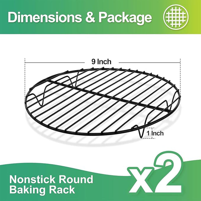 P&P CHEF Round Cooling Rack Set, Round Wire Racks for Cooking Baking, Fit Air Fryer & Oven, Stainless Steel Core with Nonstick Coatings, Black, 2 PCS - 9 Inch