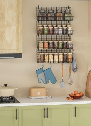 X-cosrack Upgraded Spice Rack Organizer - Wall Mounted Large 4-Tier Stackable Spice Storage with 5 Hooks, Holds 80 Jars, for Kitchen Pantry Organization (Patent:D909138S)