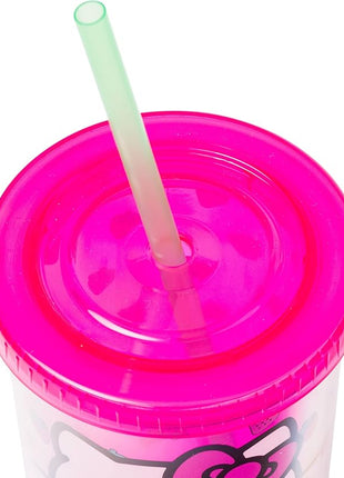 Silver Buffalo Sanrio Hello Kitty Strawberry Pattern Plastic Cold Cup with Lid and Straw, 20 Ounces