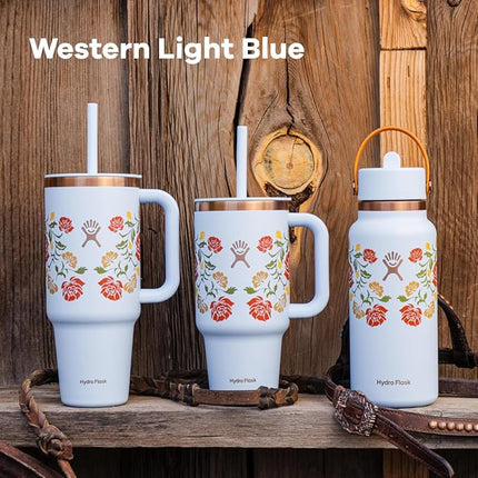 Hydro Flask 32 Oz Travel Tumbler with Handle, Lid and Straw - Insulated Stainless Steel in Western Light Blue