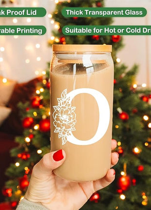 Coolife Initial Glass Cup, Monogrammed Gifts for Women, 16 oz Glass Cups w/Lids Straws, Iced Coffee Smoothie Beer Tumbler w/Straw Lid - Personalized Christmas, Birthday Gifts for Her Mom Friend Woman