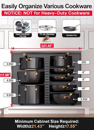 MUDEELA Pots and Pans Organizer Rack under Cabinet 14.55in Height, 8-Tiers Adjustable Pot Rack with 3 DIY Methods, Pot Lid Organizer inside Cabinet for Kitchen Pantry Organization and Storage