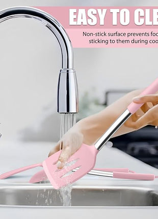 E-far Silicone Spatula Set of 2, Solid & Slotted Turner for Nonstick Cookware, Heat Resistant Rubber Kitchen Cooking Utensils for Flipping Fish Pancake Egg - Pink