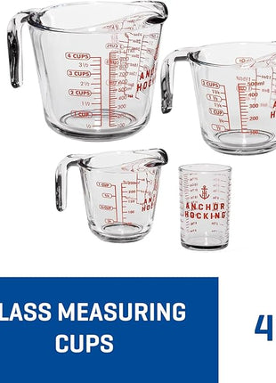 Anchor Hocking Glass Measuring Cups, 4 Piece Set (5 Ounce, 1 Cup, 2 Cup, 4 Cup liquid measuring cups)