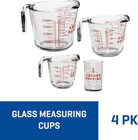 Anchor Hocking Glass Measuring Cups, 4 Piece Set (5 Ounce, 1 Cup, 2 Cup, 4 Cup liquid measuring cups)