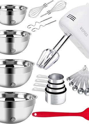5-Speed Electric Hand Mixer, 4 Large Mixing Bowls Set, Handheld Mixers with Whisks Beater, Stainless Steel Metal Nesting Bowl Measuring Cups Spoons Kitchen Cake Blender for Baking Supplies