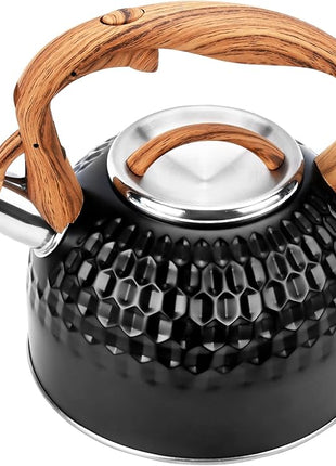 Whistling Teapot, 2.6 Qt 304 Food Grade Stainless Steel Tea Kettle with Heat-resistant Handle, Durable, not Rust，One-button Switch(BLack）