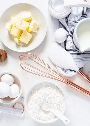 White Silicone and Copper Kitchen Utensils Set with Holder - 17-Piece Rose Gold Cooking Tools for Nonstick Cookware, with Measuring Cups, Spoons, & Utensil Holder - Stylish Copper Kitchen Accessories