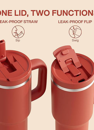 40 oz Tumbler with Handle and Straw: Stainless Steel Insulated Tumbler Keeps Cold for 24 Hours, Leakproof Travel Cup Fits in Cup Holder and BPA-Free,Medium Carmine