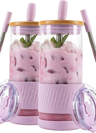 Pandaloo® Glass Cups With Lids and Straws -20 Fl Oz- Perfect Size Iced Coffee Cup - Smoothie Cup With Bamboo Lid and On the go Lid - Glass Tumbler (2 Count (Pack of 1), Lilac Rhapsody-Lilac Rhapsody)
