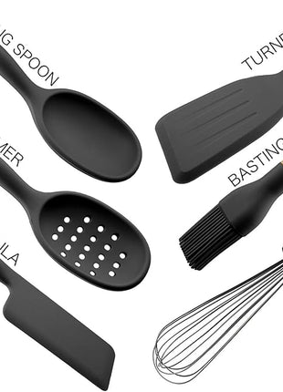 Country Kitchen Non Stick Silicone Utensil Set with Rounded Wood Handles for Cooking and Baking, 6 Piece Set, Black