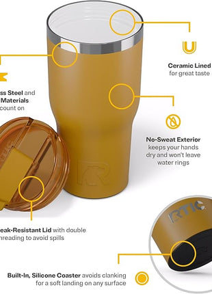 RTIC 30oz Essential Tumbler with Lid, Ceramic Lined, Insulated, Stainless Steel, Metal, Double Wall Vacuum-Insulation, Travel Cup for Iced Coffee, Tea, Hot and Cold Drink, Harvest