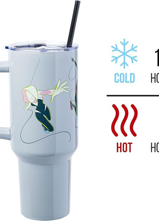 Silver Buffalo Marvel Spiderman Stainless Steel Tumbler with Handle Featuring Spider-Gwen, Miles Morales, and Spiderman, Fits In Standard Cup Holder, 40 Ounces