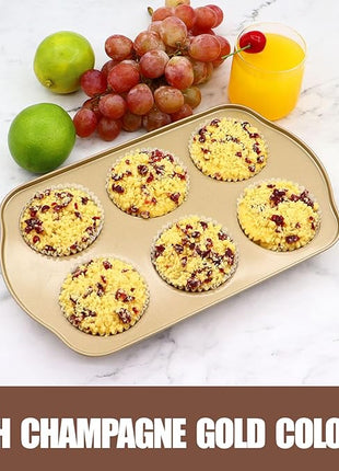 Jumbo Muffin Pan 2 Pack, Nonstick Large Cupcake Pan 6 Cup, Heavy Duty 0.5mm Thick Steel Big Muffin Tins for Baking, 3.5inch Dia, Gold